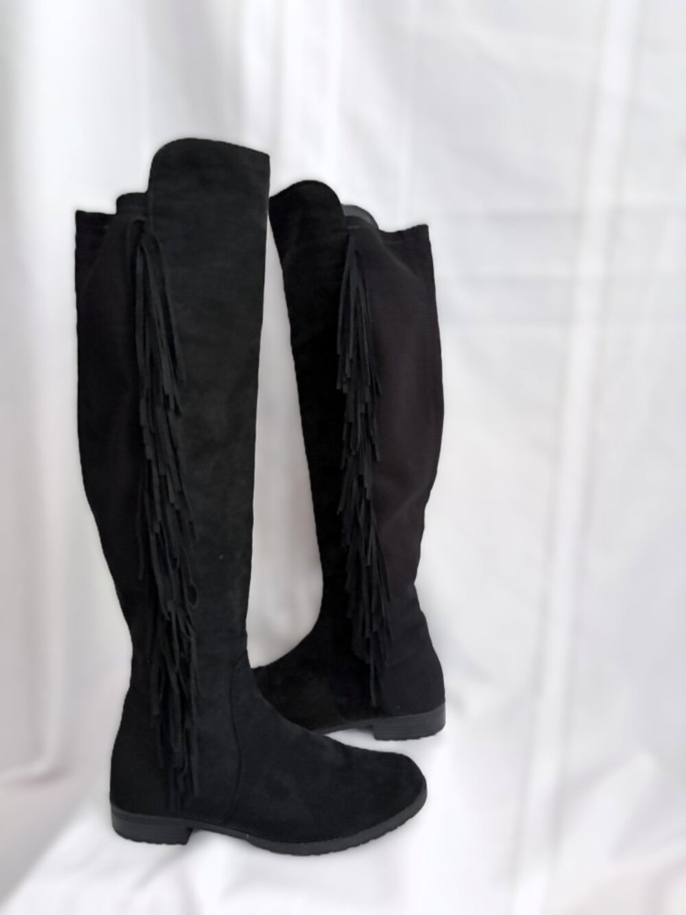 UNISA Size 9 Black Faux Suede Fringe Knee High Over-the-Knee Flat Boots